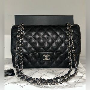 CHANEL Classic Jumbo Double Flap Quilted Caviar Leather Handbag Black